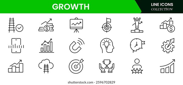 Growth line icons collection. Big UI icon set in a flat design. Thin outline icons pack. Vector illustration