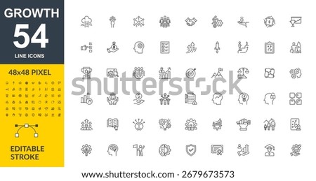 Growth Line Icons – Editable Stroke Vector Set, Business Growth and Success Icons – Thin Line Pack, Development Icons – Vector Collection, Progress and Strategy Icons – 48x48 Pixel Bundle