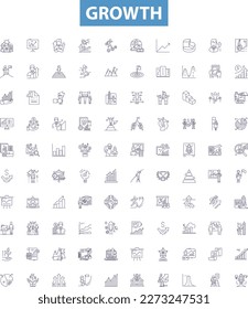 Growth line icons, signs set. Expansion, Advancement, Rise, Increment, Heighten, Develop, Increase, Amplify, Improve outline vector illustrations.