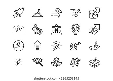 Growth lines icon set. Growth genres and attributes. Linear design. Lines with editable stroke. Isolated vector icons.