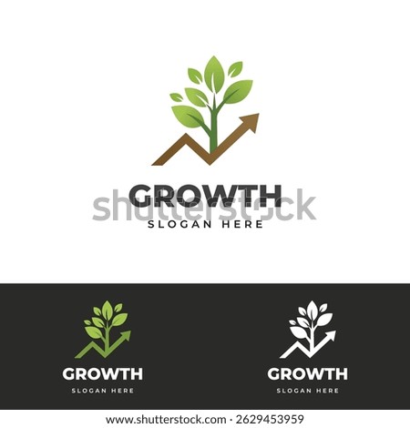 Growth logo design icon. Featuring a tree with green leaves growing from an upward arrow line. Vector