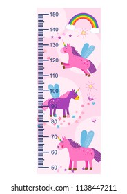 The growth, magical unicorns, baby measure height . Vector illustration.