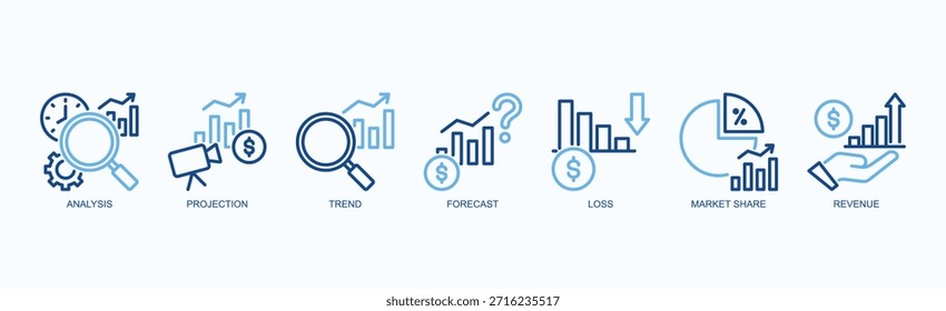 Conjunto De Iconos De Matriz De Crecimiento Vector Aislado Con Icono De Análisis, Proyección, Tendencia, Pronóstico, Pérdida, Cuota De Mercado, Ingresos En Estilo De Esquema De Dos Colores