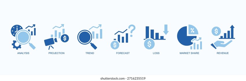 Conjunto De Iconos De Matriz De Crecimiento Vector Aislado Con Icono De Análisis, Proyección, Tendencia, Pronóstico, Pérdida, Cuota De Mercado, Ingresos En Estilo De Glifo De Dos Colores