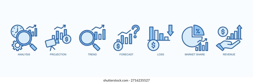 Conjunto De Iconos De Matriz De Crecimiento Vector Aislado Con Icono De Análisis, Proyección, Tendencia, Pronóstico, Pérdida, Cuota De Mercado, Ingresos En Estilo Azul