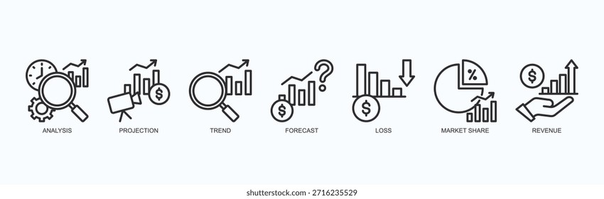 Conjunto De Iconos De Matriz De Crecimiento Vector Aislado Con Icono De Análisis, Proyección, Tendencia, Pronóstico, Pérdida, Cuota De Mercado, Ingresos En Estilo De Esquema