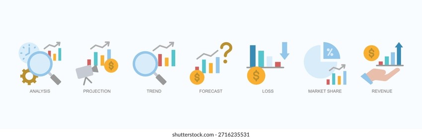 Conjunto De Iconos De Matriz De Crecimiento Vector Aislado Con Icono De Análisis, Proyección, Tendencia, Pronóstico, Pérdida, Cuota De Mercado, Ingresos En Estilo Plano