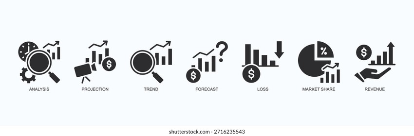 Conjunto De Iconos De Matriz De Crecimiento Vector Aislado Con Icono De Análisis, Proyección, Tendencia, Pronóstico, Pérdida, Cuota De Mercado, Ingresos En Estilo Negro