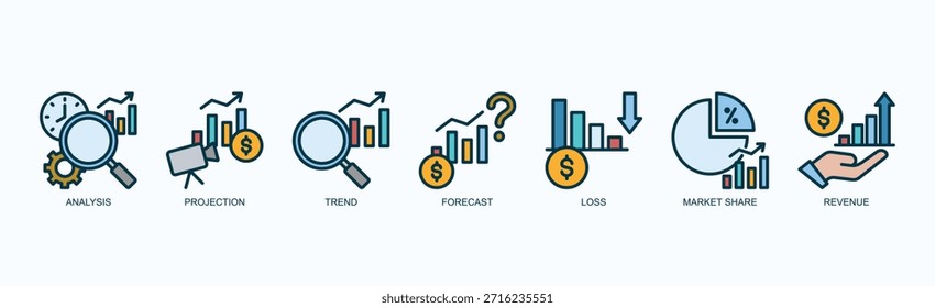 Conjunto De Iconos De Matriz De Crecimiento Vector Aislado Con Icono De Análisis, Proyección, Tendencia, Pronóstico, Pérdida, Cuota De Mercado, Ingresos En Estilo De Color De Esquema