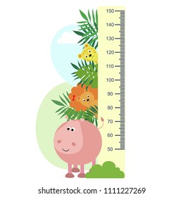 Growth measure, animals in tropical leaves, children's measurements, height . Vector illustration.