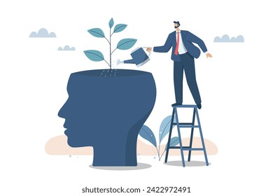 Growth of mental state, Personal growth, Self improvement, Development or improvement of personal concept, Learning professional level, Business man is watering the plant that grows from himself.