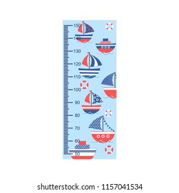 Growth meter,  children's height measurement, ships in the sea. Vector illustration.