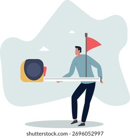 Concepto de análisis métrico de crecimiento, hombre de negocios inteligente que usa cinta métrica para medir y analizar la distancia desde la bandera objetivo... vida y empleo de las personas.