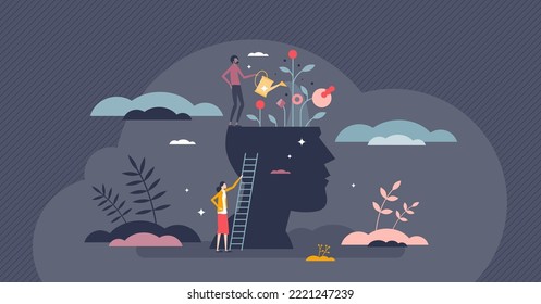 Growth mind and mental intelligence self development tiny person concept. Psychological session and therapy support or knowledge talent cultivation as watering flowers on head vector illustration.