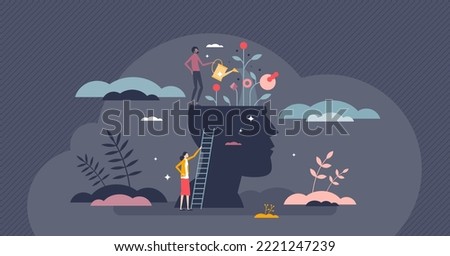 Growth mind and mental intelligence self development tiny person concept. Psychological session and therapy support or knowledge talent cultivation as watering flowers on head vector illustration.