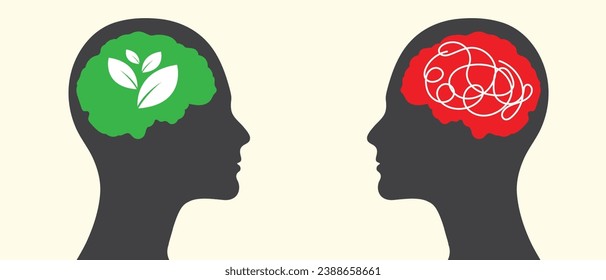 growth mind vs complex mind Psychology. Head silhouette. Mental health