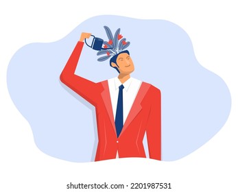 growth mindset mindset. business man watering plant on his head with watering can.Thinking positive  symbolizes a happy idea flat vector illustration