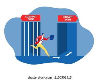 Growth mindset businessman leaving from door cage the comfort zone going through growth comfort door. Comfort, change, career concept