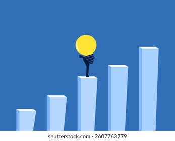 Growth mindset, businessman trying to carry a light bulb up a growth bar graph