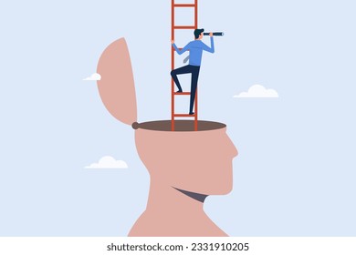 Growth mindset concept, motivation to be success, businessman climb up ladder and look up through telescope from head symbol, personal development to improve skills, mental and  potential for success