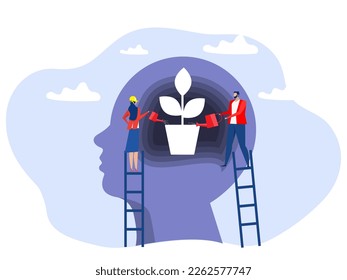 Growth mindset concept ,people watering plants from the brain as personality growth, self-improvement and self-improvement ideas flat vector illustrator