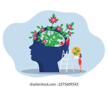 Growth mindset concept ,people watering plants from the brain as personality growth, self-improvement and self-improvement ideas flat vector illustrator