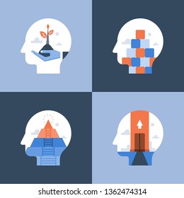 Growth mindset, critical or positive thinking, psychology or psychiatry, self awareness, life long aspiration, happiness pursuit, personal potential development, vector icon, flat illustration