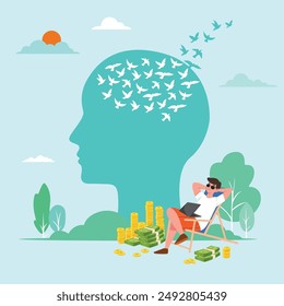 Growth mindset, development or self-improvement, a pigeon flying freely from the silhouette of a human head is compared to humans having freedom of thought. Think outside the box,  Vector illustration