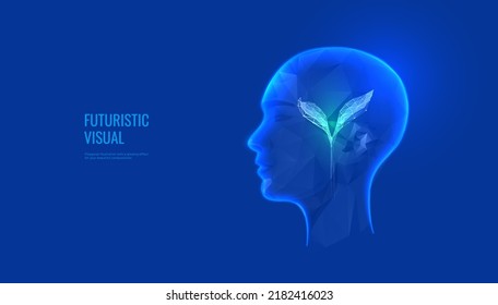 Growth mindset in digital futuristic style. Plant sprout against the background of a human head, the concept of mental health, learning, knowledge. Vector illustration on dark night background