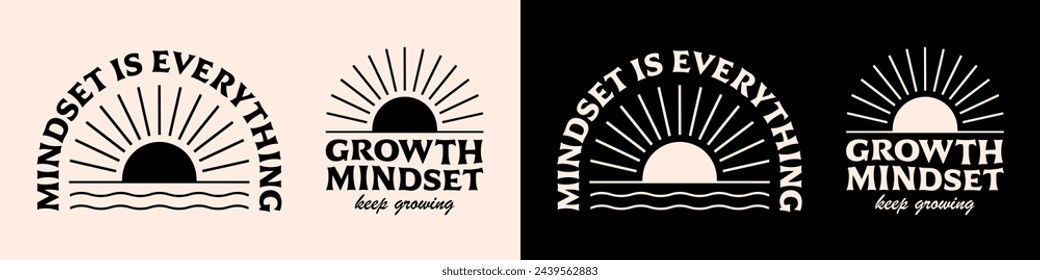 Growth mindset is everything lettering badge logo. Personal development for women minimalist illustration. Keep growing concept radiant sun text. Self improvement quotes shirt design and print vector.