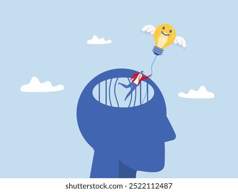 Growth mindset Freedom thinking,businessman escapes from prison with light bulb learn new things from human head concept vector,flat vector illustration.