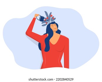 Growth Mindset Mindset. Girl Watering Plant On His Head With Watering Can.Thinking Positive  Symbolizes A Happy Idea Flat Vector Illustration