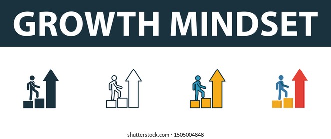 Growth Mindset icon set. Four elements in diferent styles from soft skills icons collection. Creative growth mindset icons filled, outline, colored and flat symbols.