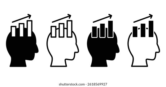 Growth Mindset Icons Black and White Head Silhouettes with Upward Trending Bar Graphs Vector Design