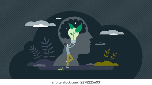 Growth mindset and improvement or development attitude tiny person concept. Personal intelligence growing with education and learning new skills vector illustration. Progressive thinking approach.