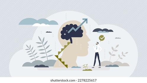 Growth mindset with improvement and development thinking tiny person concept. Positive attitude for business or personal intelligence vector illustration. Mind skills education as ladders or stairs.