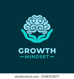 Growth Mindset logo design vector template with a Brain symbol and two holding hands. Logo template illustration.