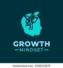 Growth Mindset logo design vector template with human head and plant stem. Next level thinking concept.