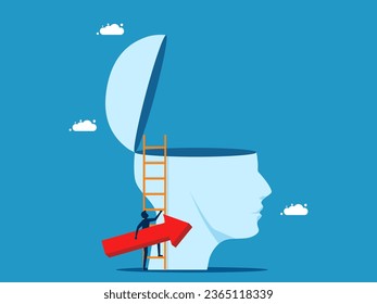Growth mindset. man holding progressive arrow on big head