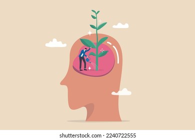 Growth mindset, personal development or improvement, training to believe to success, motivation or coaching, growing attitude concept, man watering on plantation seedling growing from head brain.