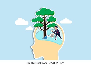 Growth mindset, personal development or improvement, training to believe to success, motivation or coaching, growing attitude concept, man watering on plantation seedling growing from head brain