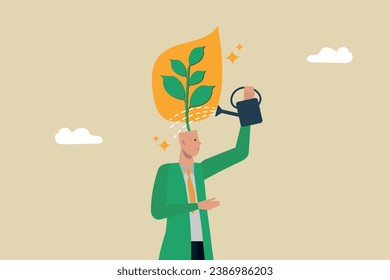 Growth mindset, personal development or improvement, training to believe to success, A man watering the plant roots of his brain