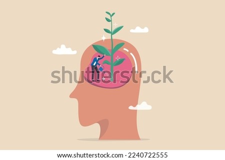 Growth mindset, personal development or improvement, training to believe to success, motivation or coaching, growing attitude concept, man watering on plantation seedling growing from head brain.