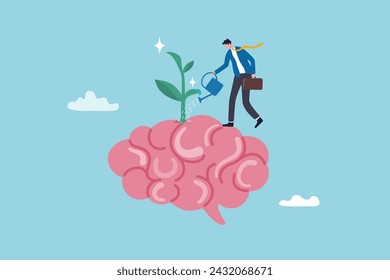 Mentalidad de crecimiento actitud positiva para aprender cosas nuevas, mejora al éxito, motivación cerebral o desafío para alcanzar el objetivo, concepto de aprendizaje, empresario regando plántulas de crecimiento en su cerebro.