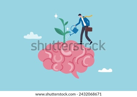 Growth mindset positive attitude to learn new thing, improvement to success, brain motivation or challenge to achieve goal, learning concept, businessman watering growth seedling on his brain.