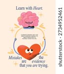 Growth Mindset Poster Vector with Cute Brain and Heart Characters, Inspirational Quote About Learning from Mistakes, Self-Care, Mental Health Education, Emotional Intelligence, and Kinder Coaching