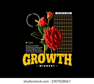 growth mindset with Red rose flowers on isolated black background. for streetwear and urban style t-shirts design, hoodies, etc