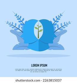 growth mindset, self-esteem, personal development, profile of human head and plant stem, cognitive psychology or psychiatry concept, mental health, positive thinking, flat vector illustration