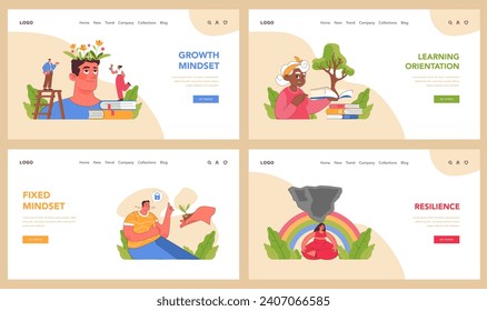 Growth mindset set. People of various ages changing beliefs, growing and studying. Personal development through positive habits. Lifelong learning, adaptability, and perseverance. Flat vector