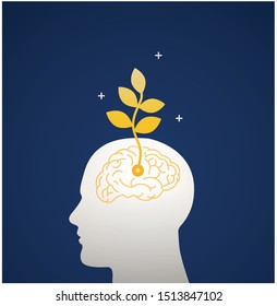 Growth mindset skills icon growing plant from the brain. soft skills. the power of positive thinking.- Vector